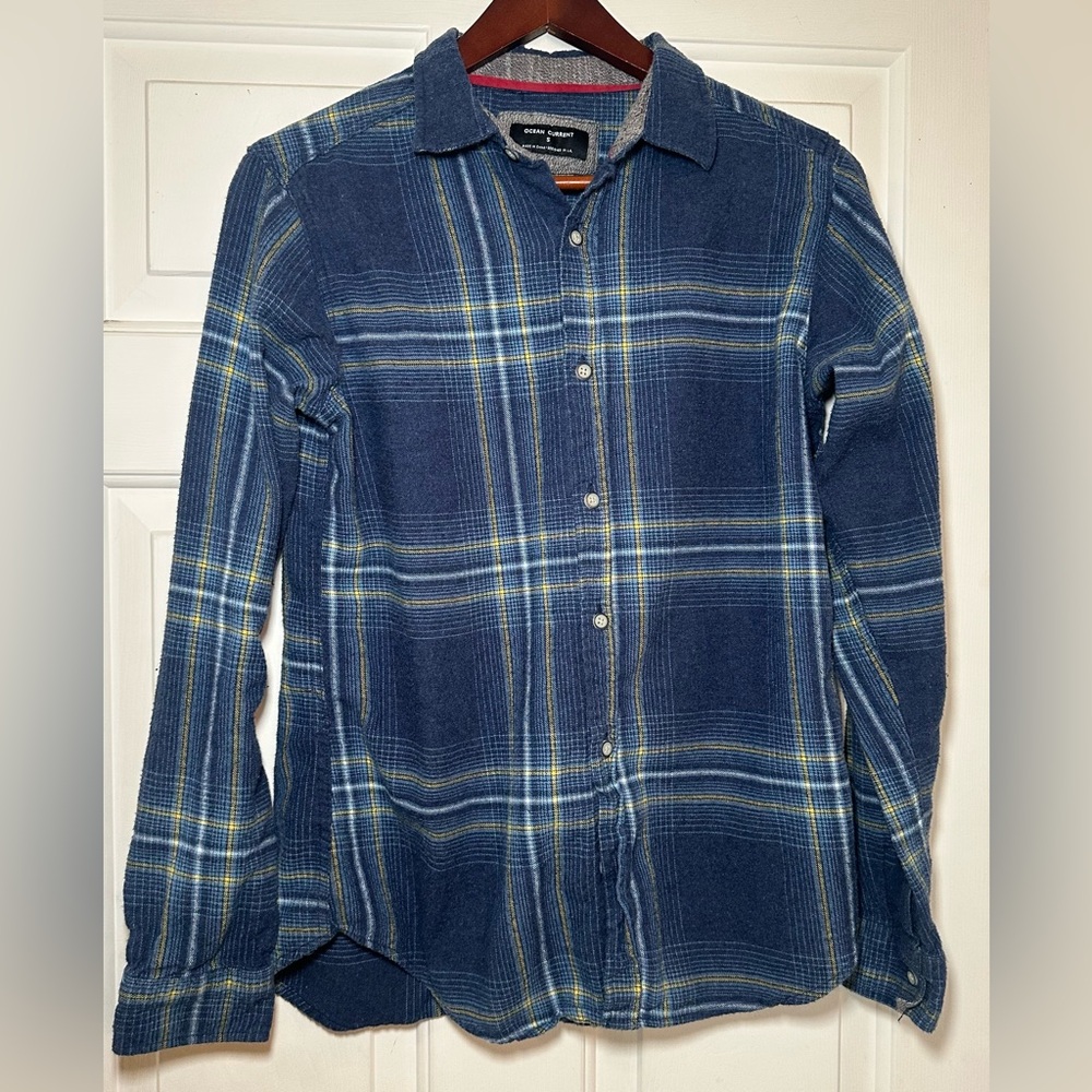 Ocean‎ Current Mens Blue Plaid Cotton Button Up Shirt Long Sleeve Size S.